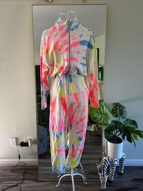 Lezat Tie-Dye Zip Jumpsuit in White with Neon Accents